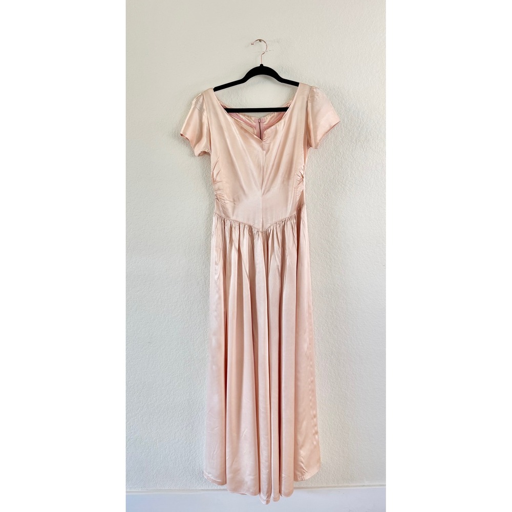 Vintage Blush Pink Satin Maxi Dress Ruched V Waist Formal Gown 40s Womens S